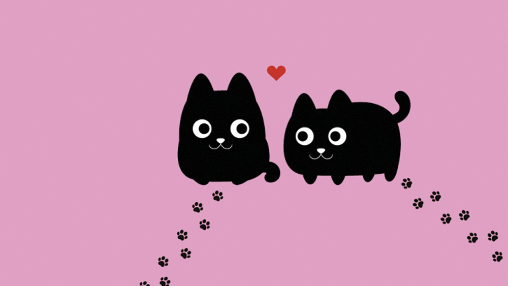 Kaksi piirrettyä mustaa kissaa sydämellisesti yhdessä.