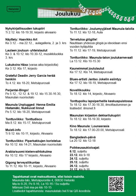 Maunula-talon kuukausikalenteri joulukuu 2025.